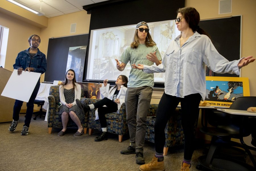 In April, students in Professor of French and Francophone Studies Kirk Read's oral French course perform a scene from Read's <em>Marie Malika d'Alger</em> plays. From left: Kaylah Johnson ’21, Kate Carrier ’22, Jamie Kelleher ’19, Jake Michael ’21, and Emma Vlahakis ’20. (Phyllis Graber Jensen/Bates College)