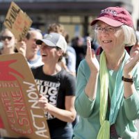 Jane Costlow and Sue Inches, who has worked in community and economic development for more than 25 years, at the rally. Inches has taught a practitioner-taught course on "Advocating for Sustainability" at Bates.“I can't believe I'm even having to protest this.”.— Muskan Verma '21 of Shimla, India, shares the frustration of inaction on global climate change after she addressed a crowd of at least 2,000 at Portland City Hall gathered for the student-mobilized Global Climate Strike, ahead of the opening of the United Nations General Assembly and the Climate Action Summit on Sept. 23..“I'm not from this country,” she said. “But that shouldn't matter. This is affecting us all. And whether we like it or not, we have to take action.”.A representative of the Sunrise Movement, a youth-led movement for climate-change action, Verma is a double major in theater and in rhetoric, film, and screen studies. She joined a large contingent of Bates students and several faculty who attended the event, organized, in part, by the Bates Environmental Coalition..