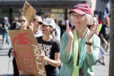 Jane Costlow and Sue Inches, who has worked in community and economic development for more than 25 years, at the rally. Inches has taught a practitioner-taught course on "Advocating for Sustainability" at Bates.“I can't believe I'm even having to protest this.”.— Muskan Verma '21 of Shimla, India, shares the frustration of inaction on global climate change after she addressed a crowd of at least 2,000 at Portland City Hall gathered for the student-mobilized Global Climate Strike, ahead of the opening of the United Nations General Assembly and the Climate Action Summit on Sept. 23..“I'm not from this country,” she said. “But that shouldn't matter. This is affecting us all. And whether we like it or not, we have to take action.”.A representative of the Sunrise Movement, a youth-led movement for climate-change action, Verma is a double major in theater and in rhetoric, film, and screen studies. She joined a large contingent of Bates students and several faculty who attended the event, organized, in part, by the Bates Environmental Coalition..