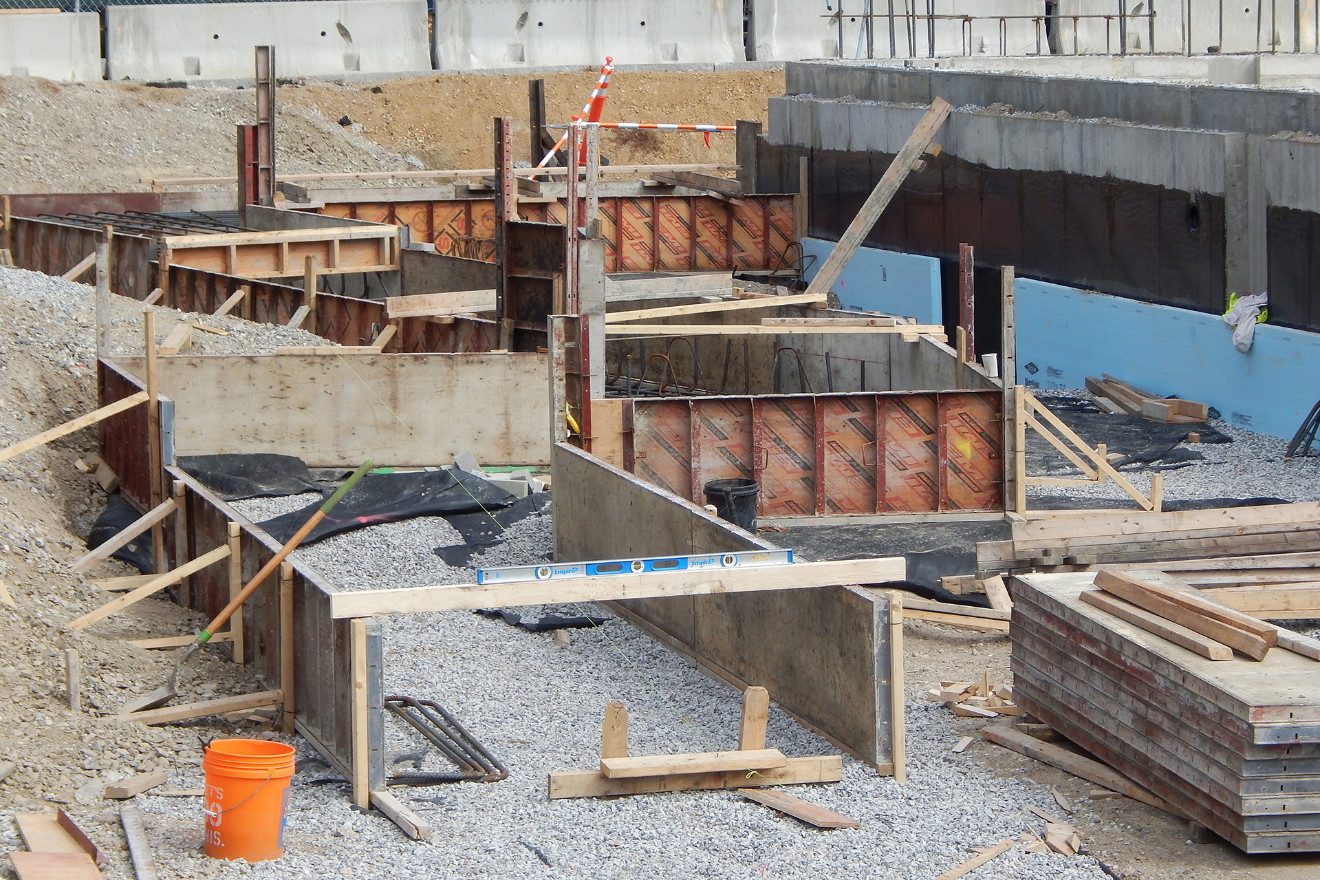 Forms under construction for foundation footings at the Nichols Street end of the science center site. (Doug Hubley/Bates College)
