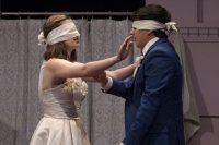 "Celia," played by Sadie Basila '23, and "Keith," played by Kush Sharma '23, share a pre-wedding moment during the vignette "The Answer." (Phyllis Graber Jensen/Bates College)