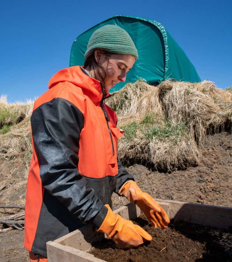 On the beach, Nell Pearson ’20 prepares to screen dirt excavated from the site above. Screening the dirt ensures that no artifacts are missed. (Tim Leach '99 for Bates College)