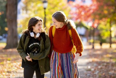 Fall afternoon on Campus, walking up the historic Quad.Hlloe Warshaw '23 of Westwood, Mass., and Ilana Rosker '23 of Lexington, Mass. They ran into each other on their way to class and parted ways once they reached Hathorn Hall.