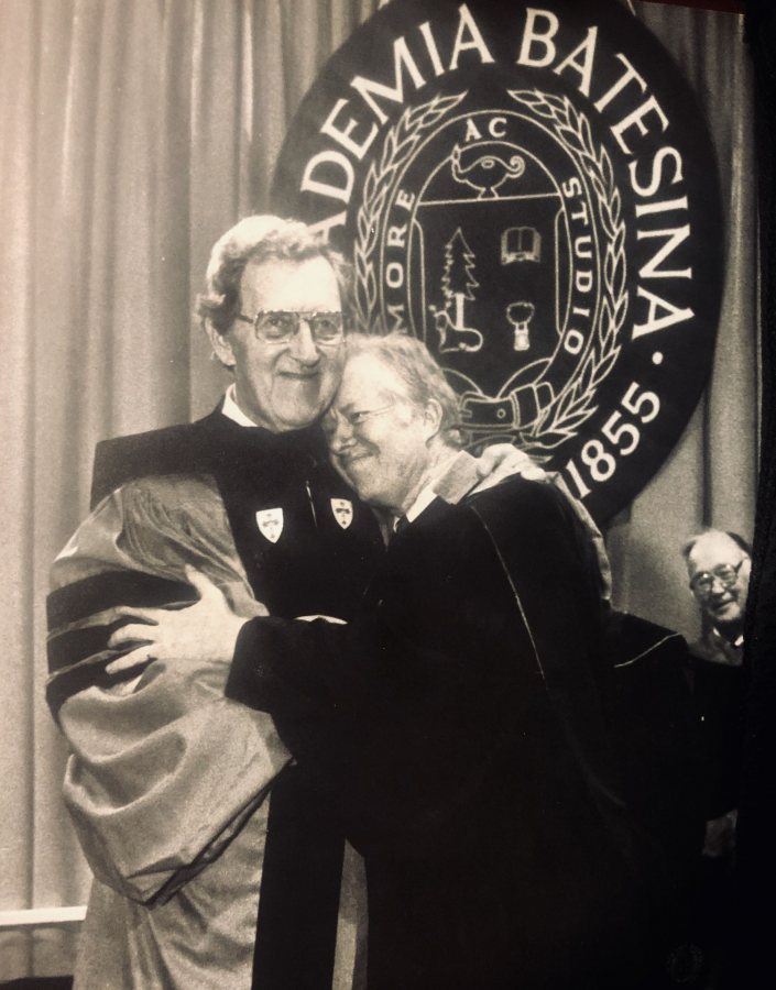 Former President Jimmy Carter hugs Edmund Muskie '36 during ceremonies dedicating the Muskie Archives at Bates College on Sept. 28, 1985. Muskie served as secretary of state. (Frank Siteman)