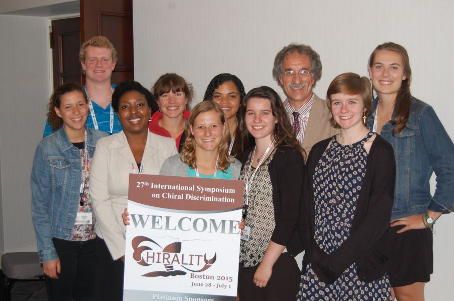 Nationally recognized for bringing undergraduates into his lab, Tom Wenzel (third from right) poses with Bates chemistry students in 2015 at the International Chirality Conference, the premier conference in Wenzel’s research field and for which Wenzel served as chair. From left, William Patton '15, Tayla Duarte '17, Mira Carey-Hatch '14, Cira Mollings Puentes '16, Yolanda Rodriguez '15, Caroline Holme '16, Tom Wenzel, Brielle Dalvano '16, Alison Dowey '15.