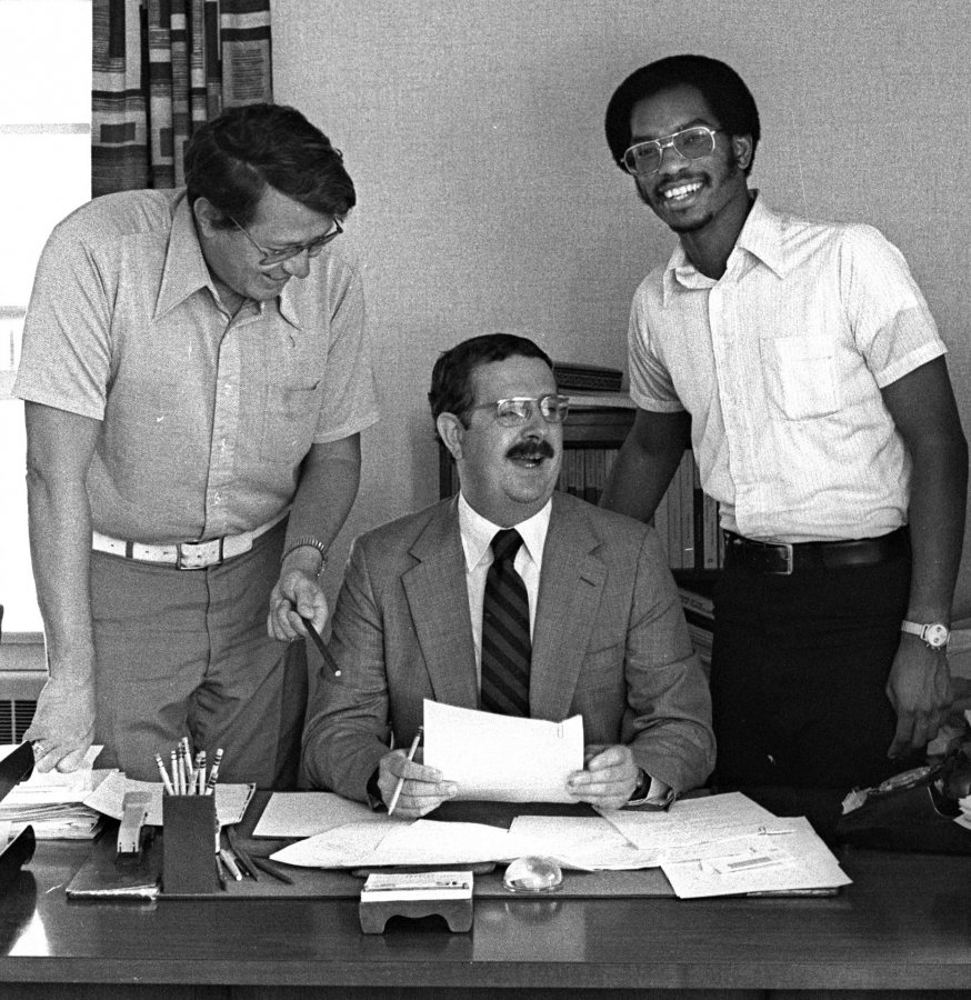 Circa 1980, Carl Straub (center) poses with Dean of the College James Carignan '61 (left) and Associate Dean James Reese. (Muskie Archives and Special Collections Library)