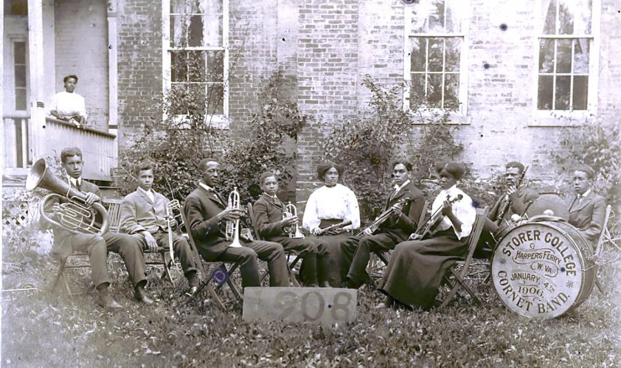 William Saunders (second from right, with clarinet) poses with the Storer College Cornet Band in 1908. (Storer College Digital Photographs Collection / West Virginia and Regional History Center)