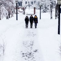 Students navigate a snowy campus this March Monday morning in Maine. From left, seniors Daisy Diamond, Olivia Fried, and Lily Kip navigate the Historic Quad during a March snowfall.
