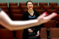 Lecturer in Music Joëlle Morris, prepares for this afternoon's voice recital at 4:30 p.m. by rehearsing with pianist Bridget Convey and one of her voice students Clara Porter '22 of Portland, Ore., in the Olin Arts Center Concert Hall. Porter sang "The Willow Song" by Samuel Coleridge-Taylor and "Journey to the Past" from "Anastasia."