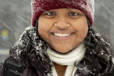 "My hat? It’s the only one I own.".— Arya Mohanty ‘23 of Winchester, Mass., poses for a quick portrait in the snow on her way to lunch in Commons.