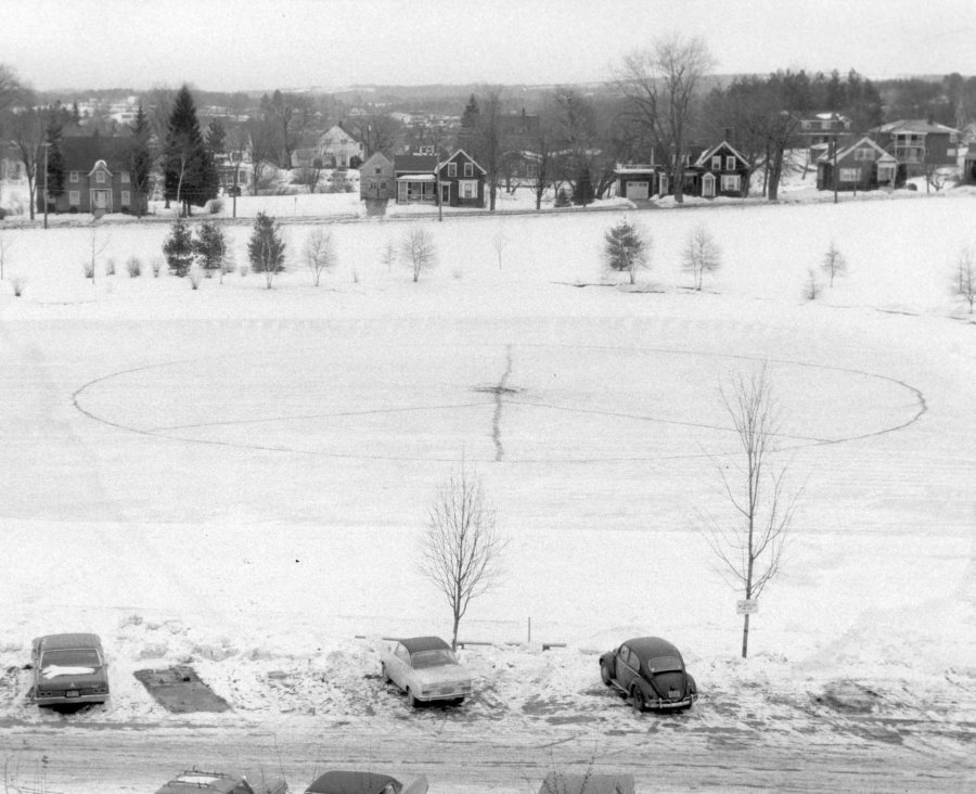 This peace sign appeared on Lake Andrews circa 1970. (Muskie Archives and Special Collections Library)