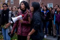 Members of the Bates community gather this afternoon to voice their concern about potential policies of the next presidency.