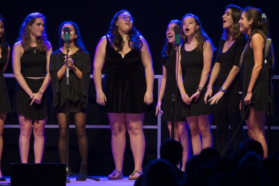 The Merimanders perform during an a cappella Concert at the Clifton Daggett Gray Athletic Building during the Back to Bates Weekend. The Merimanders are the only all-female a cappella group at Bates College.(Theophil Syslo/Bates College)