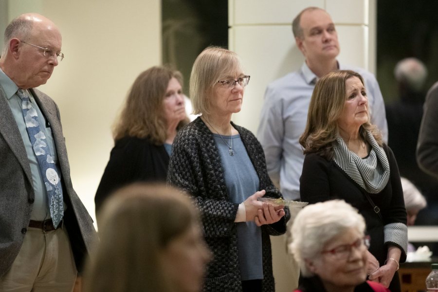 Memorial gathering for Carl Straub in Pettengill Hall's Perry Atrium.Jane Costlow