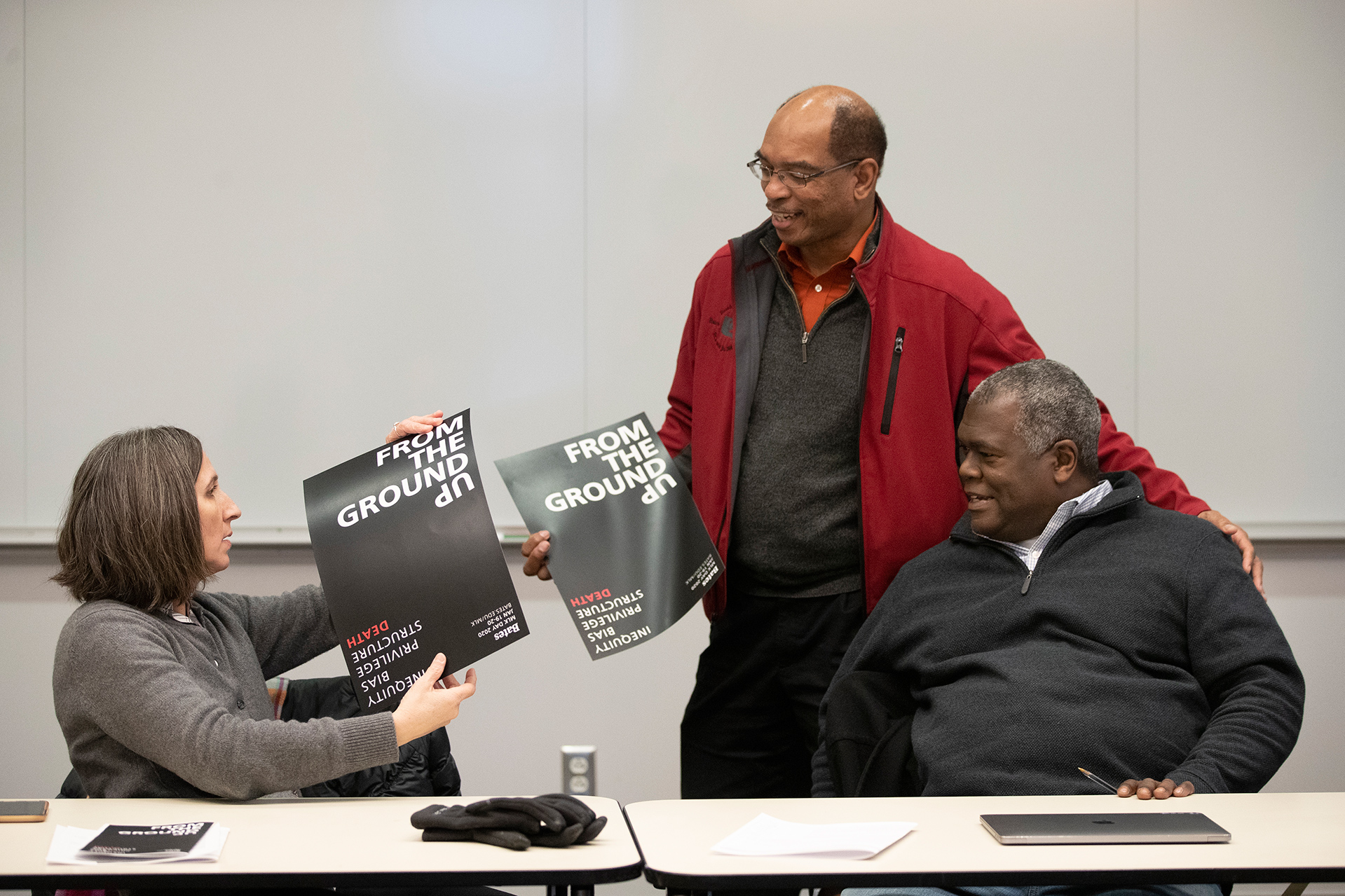 MLK Committee Meeting in Commons to iron the last details before the Jan. 19020 observance.

MLK co-chairs Associate Professor Susan Starke (philosophy) and Associate Professor Michael Sargent (psychology) with Associate Dean for International Student Programs James Reese.