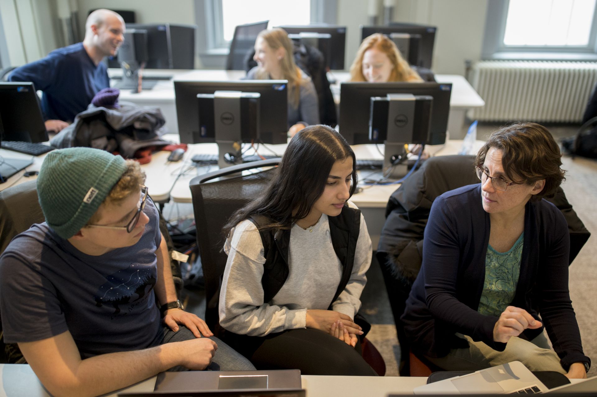 Meredith Greer's upper-level "Advanced Topics in Biomathematics" today at 1:10-2:30pm in Hathorn 207.Mathematics students in the class:Sam Findlen-Golden '20, math majorEl Khansaa Kaddioui '20, math and economics double majorIn front fow with hat and black vest speaking with Meredith.They are reviewing simplest compartmental model of diseases spread. Differential equations describe how disease moves. They are learning the details of that model so they know the groundwork and can then tackle more complicated models.Three students together in the back, from left:Gabe Nelson '20, South Burlington, Vt.Adena Bernot '20, Old Westbury, N.Y.Josie Blanchon '20, Wash D>C>Front row, classroom right:Luca Polar '20, BudapestJason Canaday '20Two women togetherHelen Daigle '20 in lilacCasey Snow '20, stripesRear, classroom rightXuChong Show '20 Shanghai, ChinaKatie Leeke '20, Minnetonka, Minn.