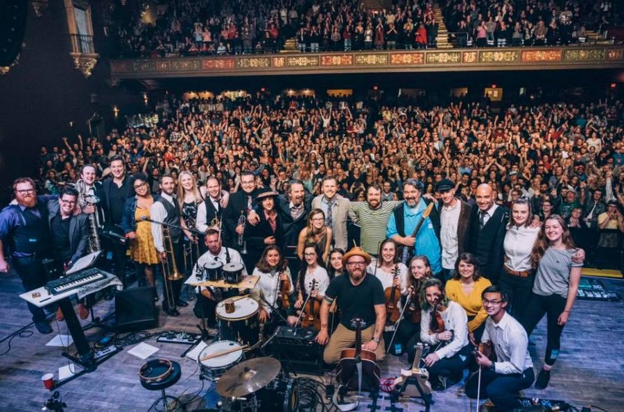 Maine musician Spencer Albee (at front in black T-shirt and hat) leads an all-star ensemble of Maine musicians in a faithful recreation of Beatles recordings on Feb. 29.