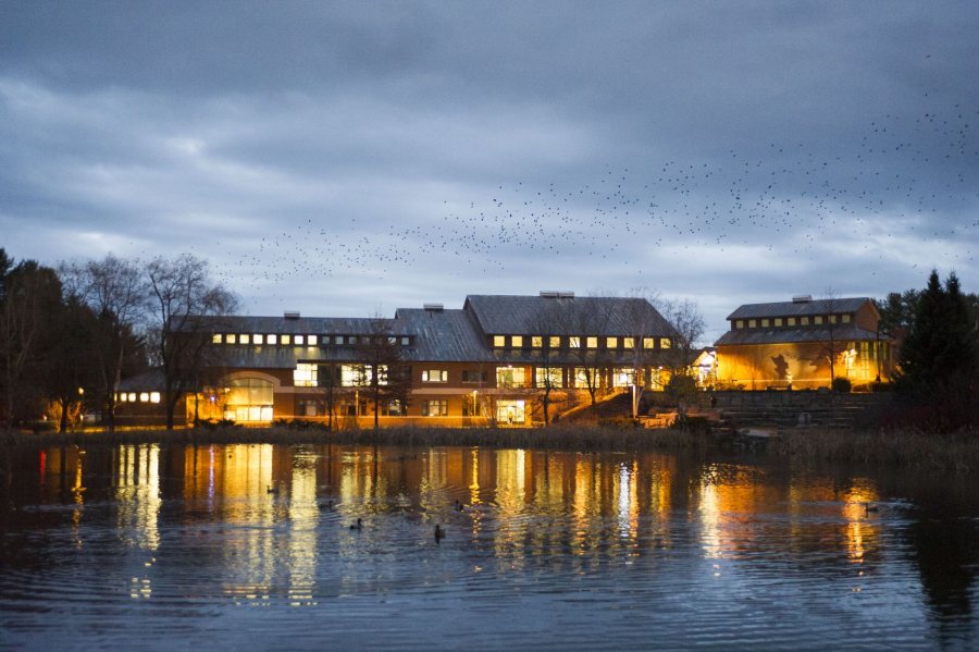 The Olin Arts Center, seen from across Lake Andrews on a December day in 2016. (Josh Kuckens/Bates College)