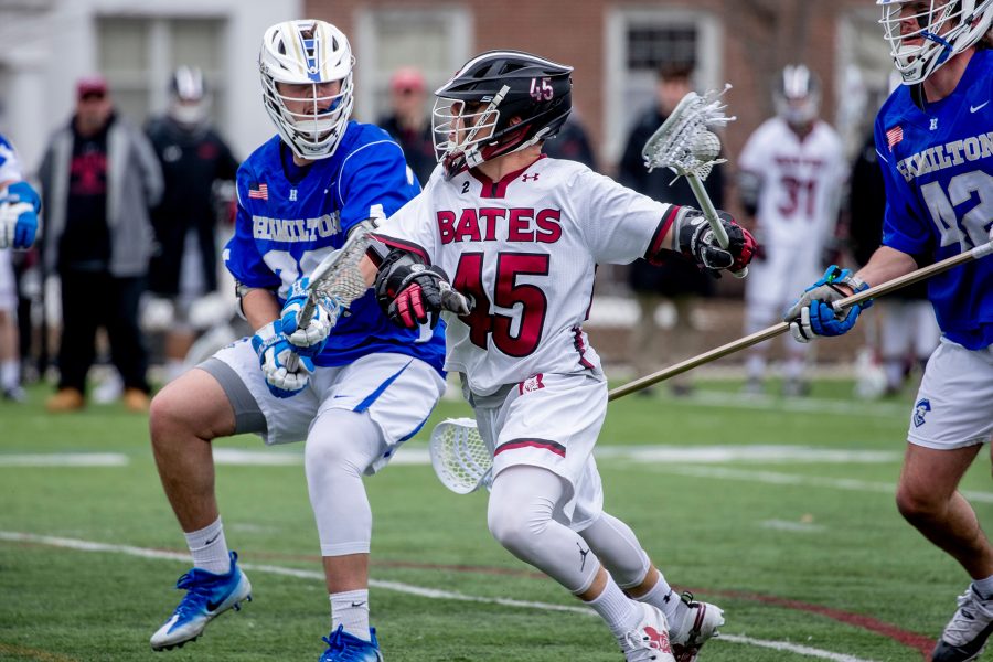 Then-junior Matt Chlastawa's four goals and four assists helped the No. 11 Bates men's lacrosse team defeat Hamilton 17-9 on March 30, 2019. (Phyllis Graber Jensen/Bates College)