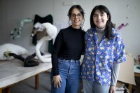 Eden Rickolt  ‘20 of Landenberg, Pa., with Carolina Gonzalez Valencia, assistant professor of art and visual culture, in Rickolt's visual art senior thesis studio on the ground floor of the Olin Arts Center.