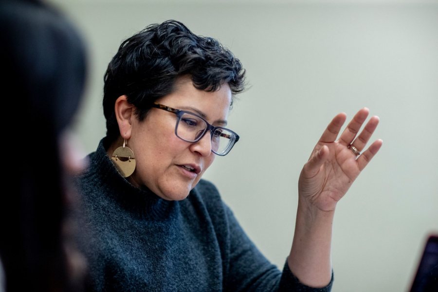 Associate Professor of Politics Clarisa Perez-Armendariz holds thesis meetings from 1-4 p.m. in Pettengill 127. Here she meets with David Quintero '20 of Oxnard, Calif., and Claire Deplanck '20 of Singapore.