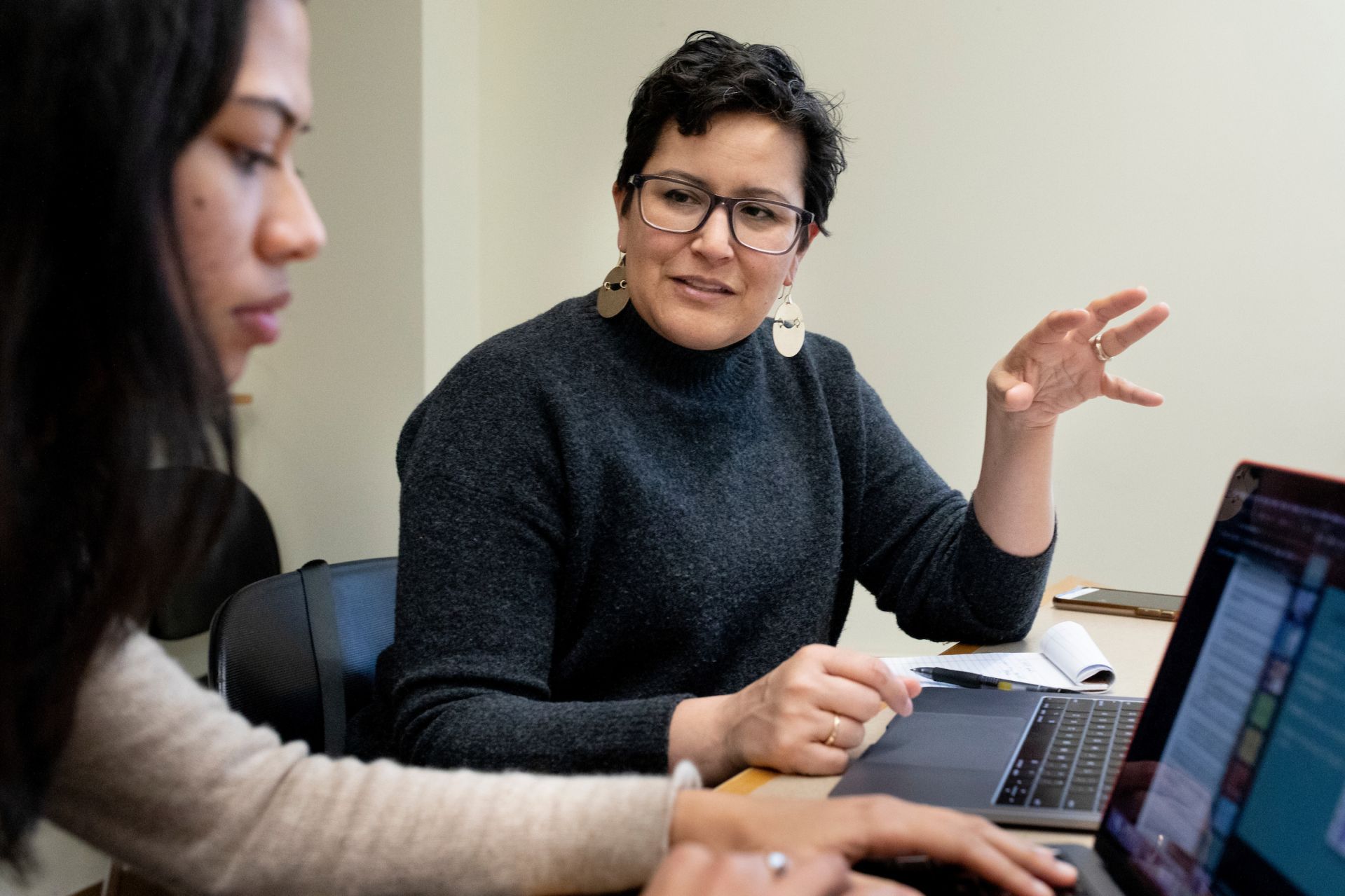 Associate Professor of Politics Clarisa Perez-Armendariz holds thesis meetings from 1-4 p.m. in Pettengill 127. Here she meets with David Quintero '20 of Oxnard, Calif., and Claire Deplanck '20 of Singapore.