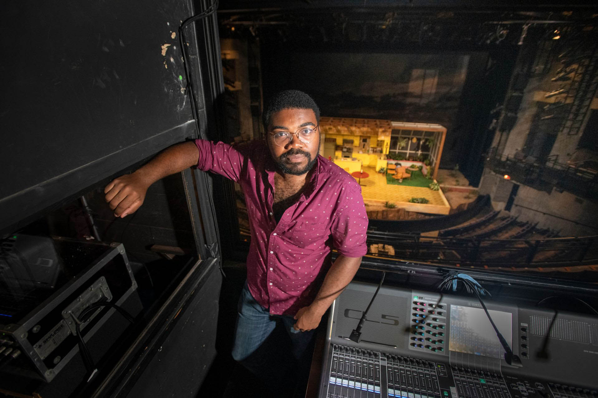 Deon Custard ’21 of Chicago directs the play <em>Gene</em>, half of a program of one-acts. (Michael Schmidt for Bates College)