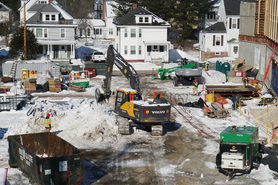 The winter of 2019–2020 brought snow, but in eminently manageable amounts and intervals. An east view of the Bonney center service area after a snowfall. (Doug Hubley/Bates College)