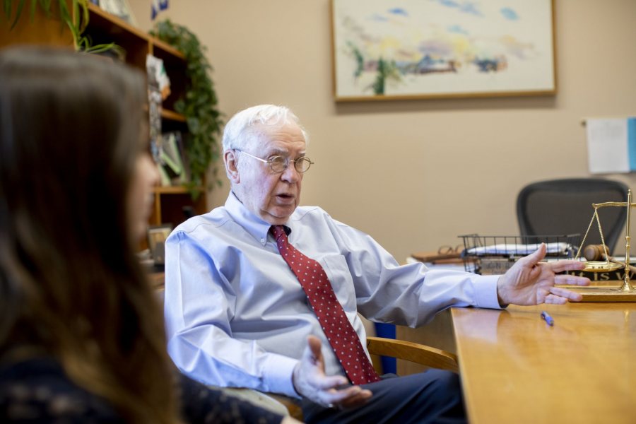 Hon. John B. Beliveau (active retired)Maine District Court PO Box 1345, Lewiston, ME 04243-1345 (207) 795-4884 with student intern and teaching assistant Ashley Woman '22 of Burlington, Mass., in his Lisbon Street courthouse office and in his courtroom, where she records various hearings.