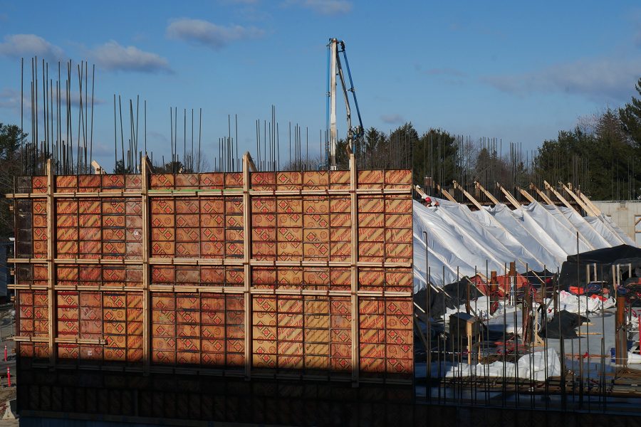 Symons concrete-form panels hide part of the Bonney center's second floor from this Chu Hall vantage point. (Doug Hubley/Bates College)