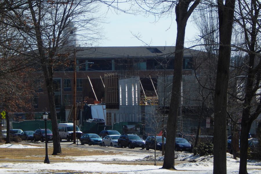 This March 3 view from the Historic Quad shows the Bonney building at center with Chu Hall looming in the background. (Doug Hubley/Bates College)