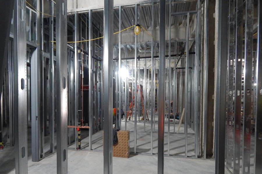 See-through walls: Metal wall studs demarcate rooms in the Bonney center basement. (Doug Hubley/Bates College)