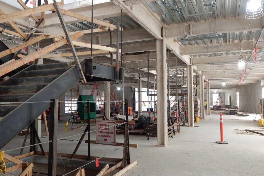 The first floor of the Bonney Science Center. The stuff resembling hot cereal on the structural steel is fireproofing. (Doug Hubley/Bates College)