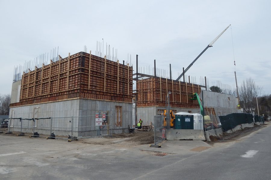 The second-story wall is nearing completion. (Doug Hubley/Bates College)