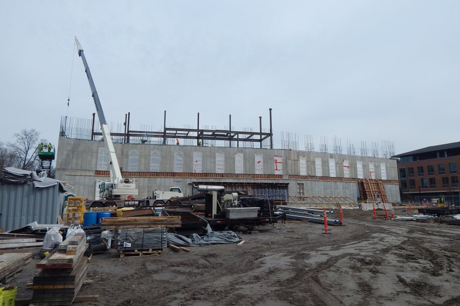 The latest structural steel rises above the Bonney center in this view from the south. (Doug Hubley/Bates College)