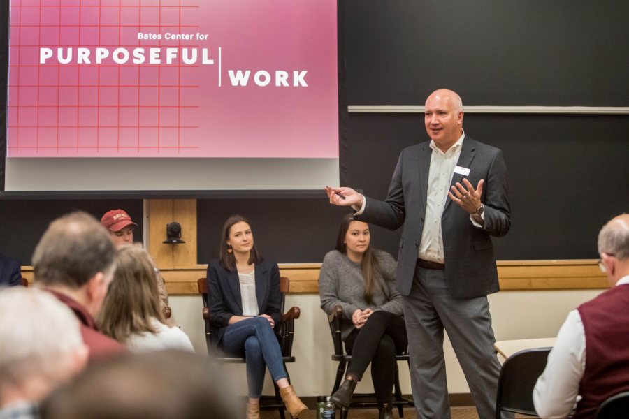 Allen Delong, who leads the Bates Center for Purposeful Work, offer a Back to Bates program in October 2019. (Rene Roy for Bates College)