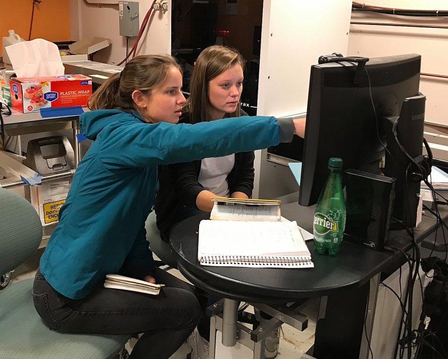 Emma Wheeler '20 (left) and and Inger Aasberg.of After great spring and summer field seasons in Svalbard comes the labwork....First stop, the RB Gilmore XRF lab at UMass for geochemical analysis of sediment cores and sed traps. With Inger Marie Fausa Aasberg (UNIS and NMBU) and Emma Lea Wheeler (Bates). Thanks to Pete Dawson and Mike Rhodes! Next stop, Bates Sedimentology Lab!