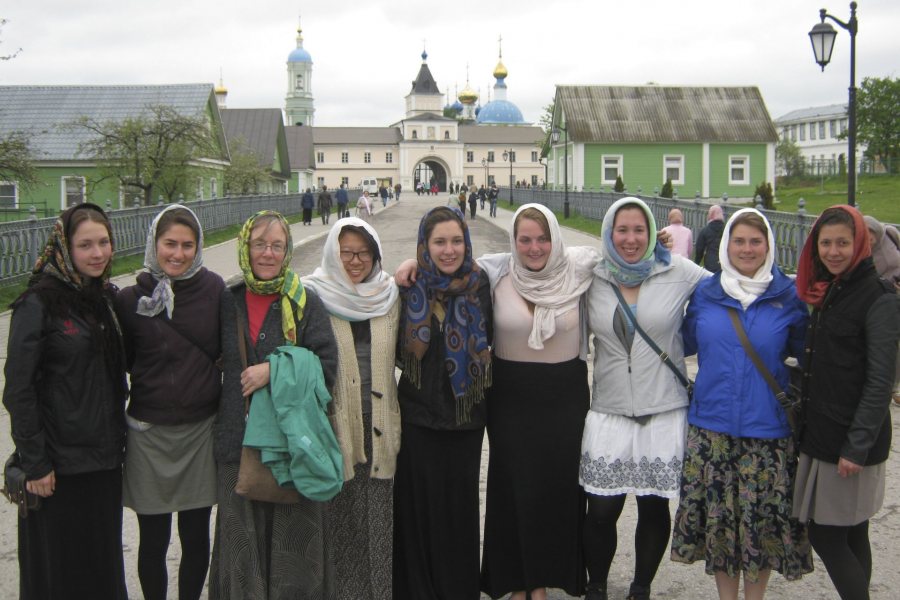 Costlow and some of her students, aka The Babushkas, at Optina Pustyn, the monastery that has been enormously important for Russian culture, in 2014. (Courtesy of Jane Costlow)