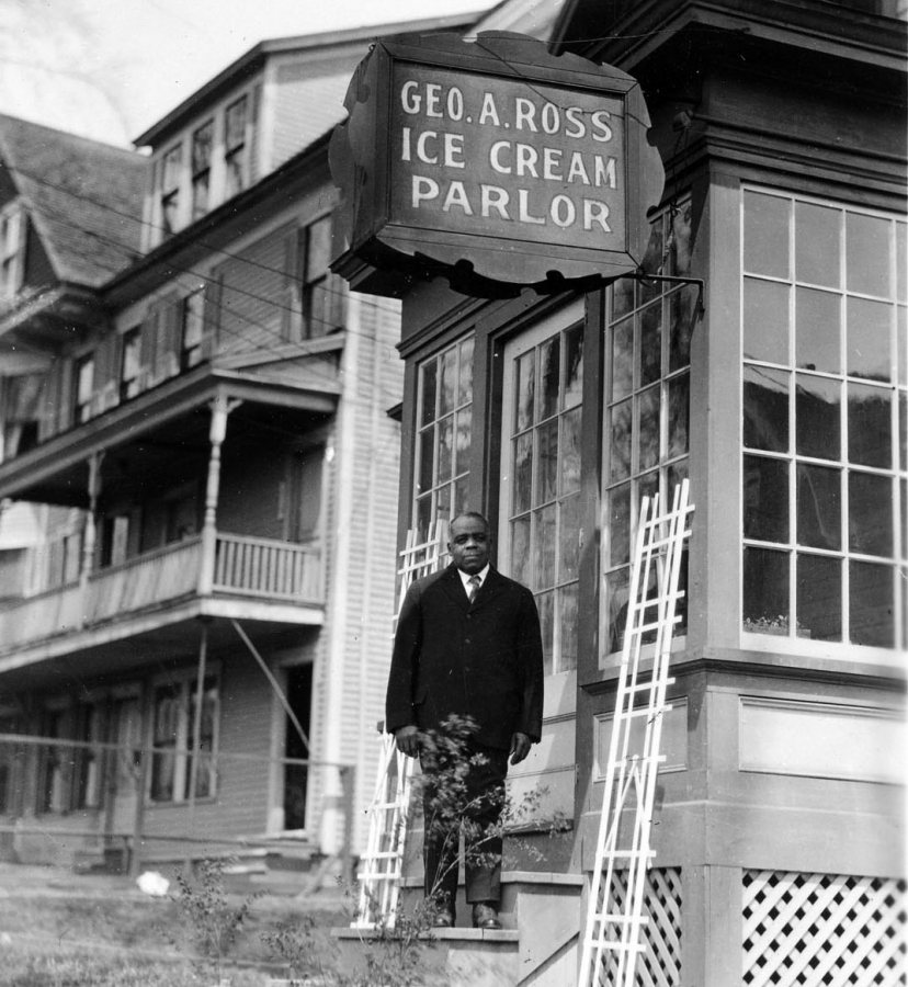 When the campus quarantine was lifted, students flocked to their favorite off-campus spots, including the ice cream parlor run by George Ross, Class of 1904. (Muskie Archives and Special Collections Library)