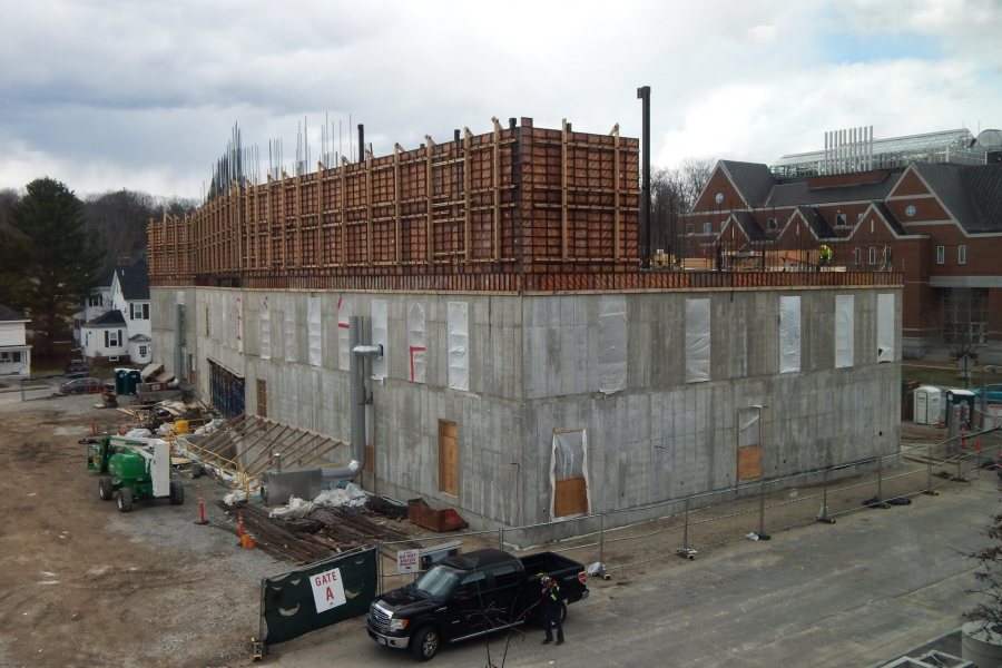 Wall forms enclose about half of the Bonney center's third level in mid-April. (Doug Hubley/Bates College)