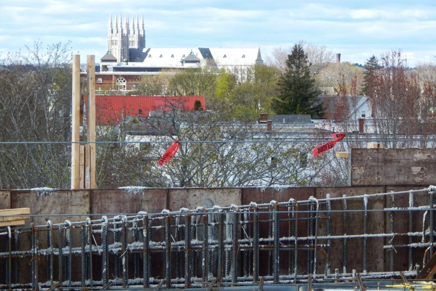 A view of the Basilica of SS Peter and Paul from the penthouse level of the Bonney Science Center. As the rebar indicates, a concrete floor slab and wall section have yet to be placed. (Doug Hubley/Bates College)