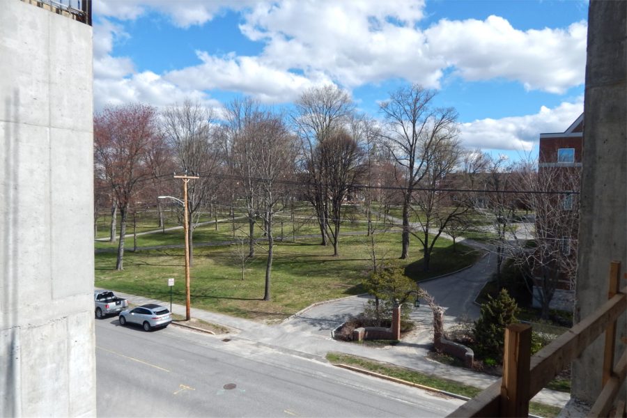 The Historic Quad seen from the science center's third floor and the site of the future "Beacon," a vertical expanse of glass wall. (Doug Hubley/Bates College)