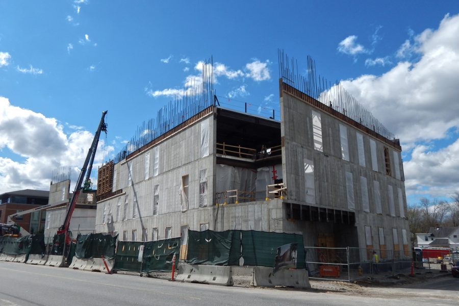 Three stories high and rising: the Bonney Science Center on May 4, 2020. (Doug Hubley/Bates College)