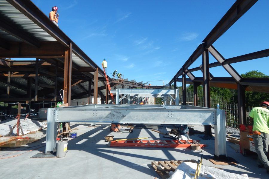 Galvanized for protection against the weather, these beams on an exposed section of the Bonney center penthouse floor will support a chiller and a generator. (Doug HubleyBates College)