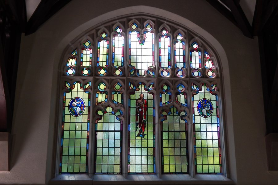 Newly restored by Maine Art Glass of Lisbon, Maine, here's Aristotle seen from the inside. (Doug Hubley/Bates College)