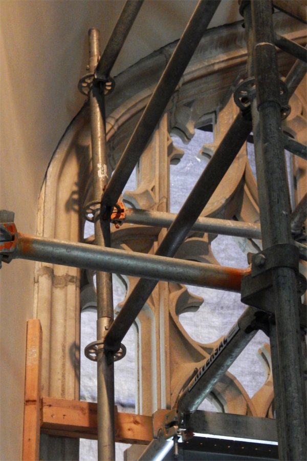 Staging at the chapel's south window in early June. (Doug Hubley/Bates College)