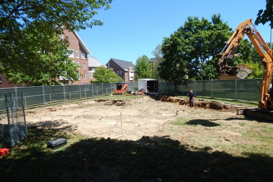 As the time drew closer for the Bonney center topping-off, at the other end of campus site work for Veterans Plaza was in its second day. (Doug Hubley/Bates College)
