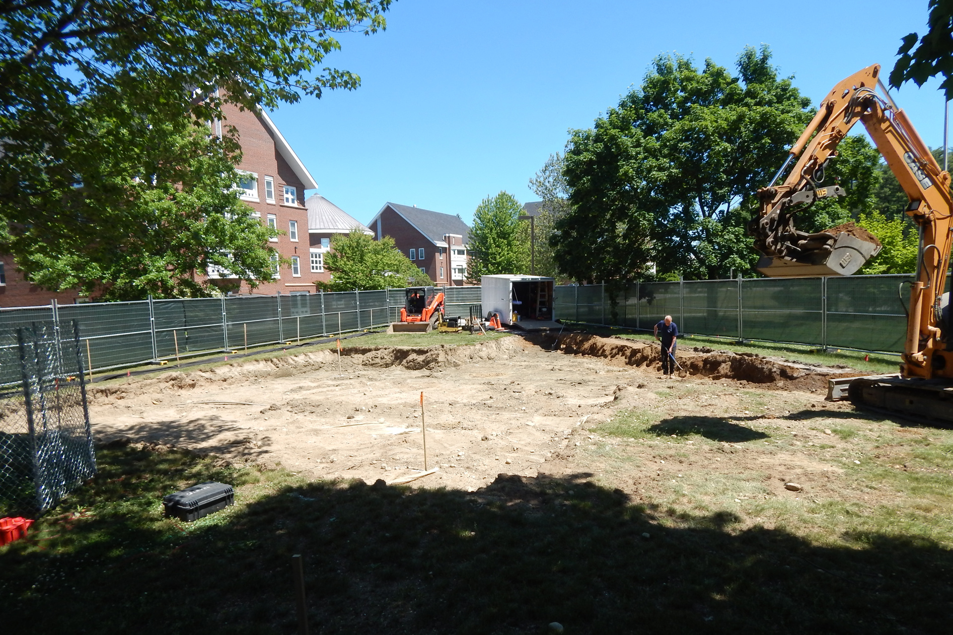 As the time drew closer for the Bonney center topping-off, at the other end of campus site work for  Veterans Plaza was in its second day. (Doug Hubley/Bates College)