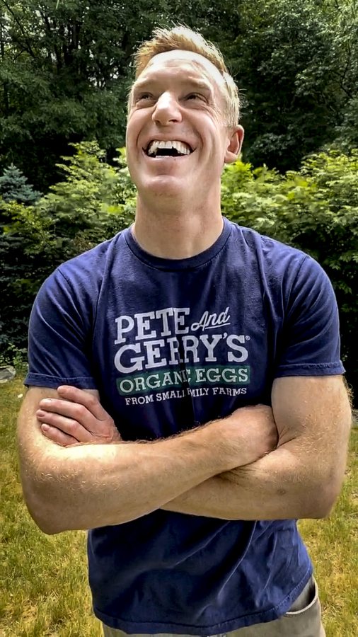Jesse LaFlamme '00, owner and CEO at Pete and Gerry's Organics, poses for a Facetime portrait in Quechee, Vermont. (Phyllis Graber Jensen/Bates College)