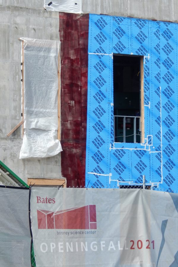 A construction palette: concrete gray, blueskin blue, adhesive burgundy, poly white, fence-covering gray, Bates garnet. (Doug Hubley for Bates College)